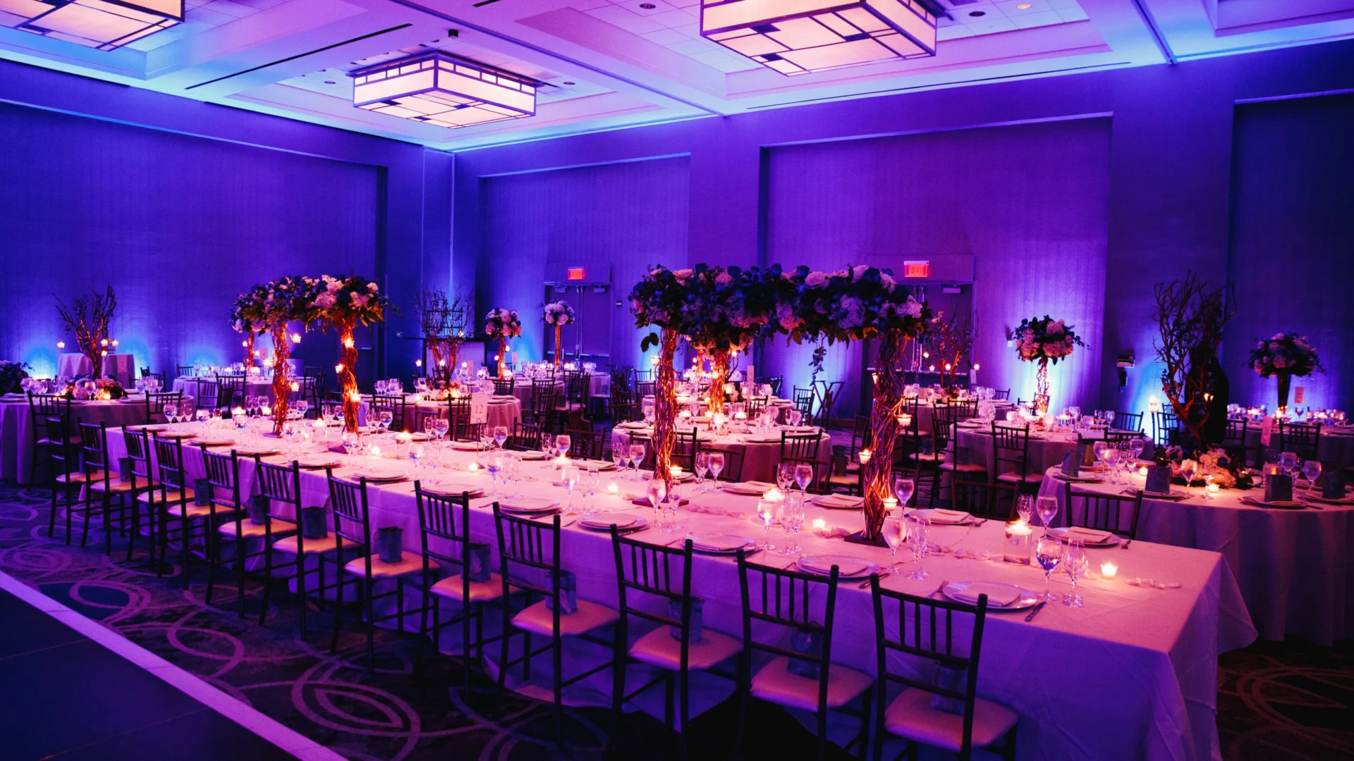 Banquet hall lit in purple with a long table and tall floral centrepieces