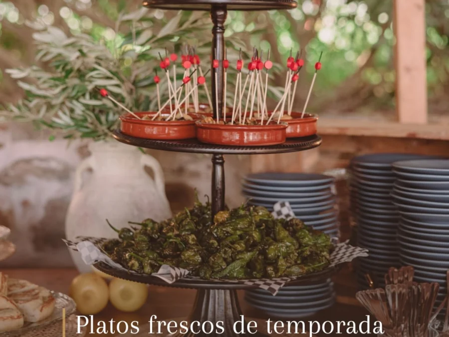 Safata de tres pisos amb pinxos i pebrots fregits en un aperitiu exterior